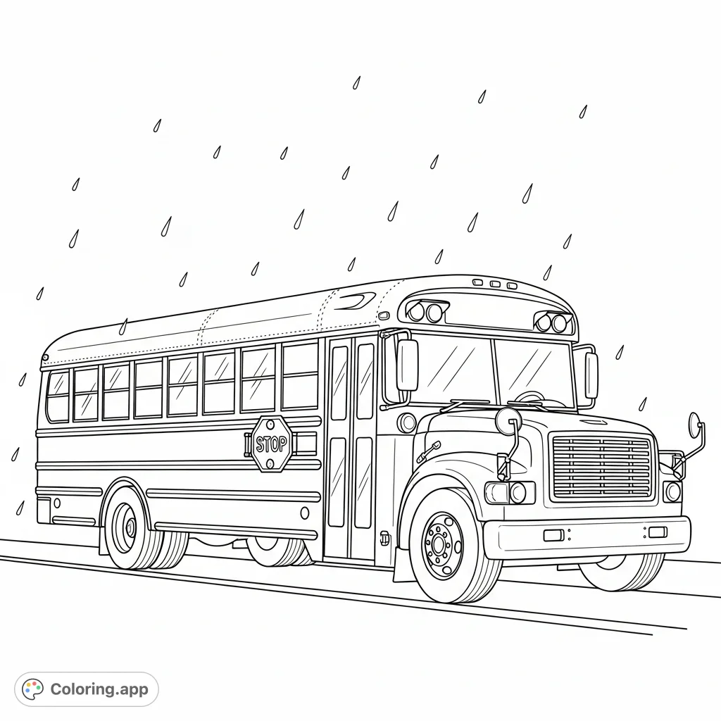 A classic school bus drives through light rain, with minimal raindrops scattered around. Features multiple windows, headlights, a 'STOP' sign, and visible wheels.