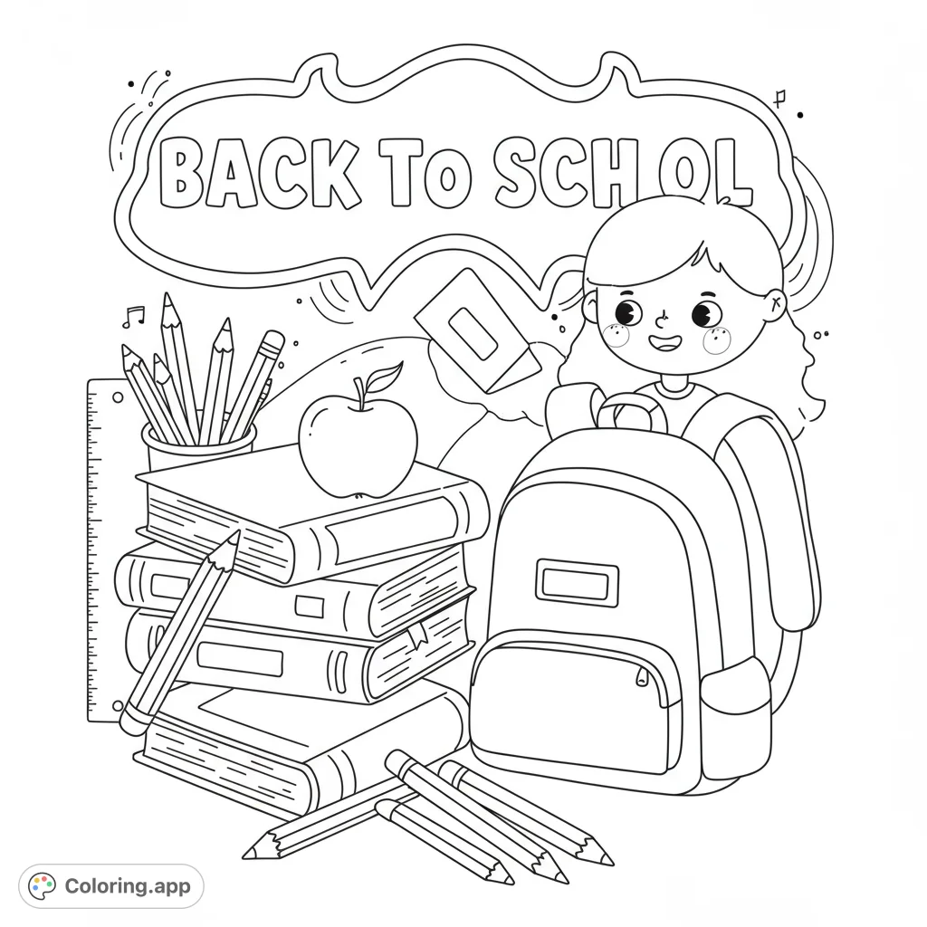 A cheerful student with a backpack, surrounded by school supplies like books, pencils, and an apple, ready for learning and fun.