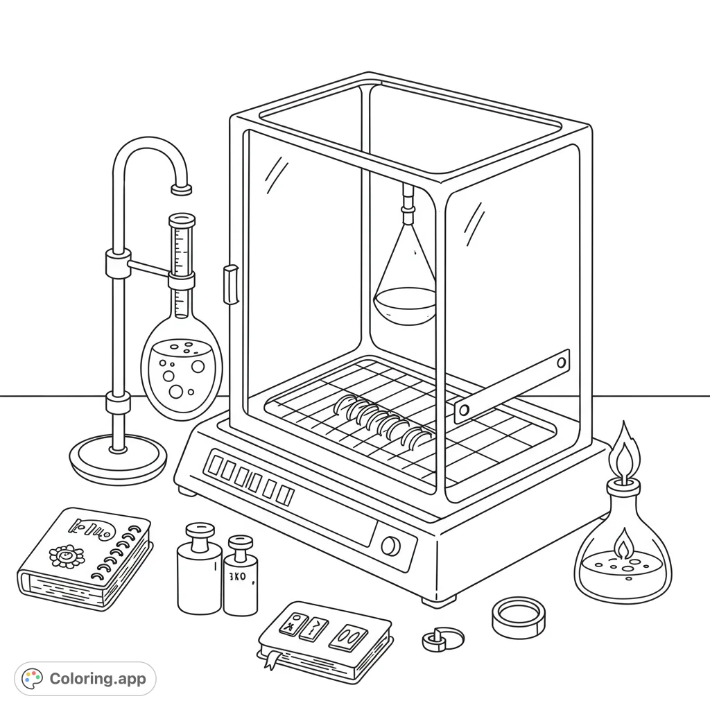 Explore a detailed science lab setup with an analytical balance, flasks, and tools. A free printable science coloring page for curious minds.