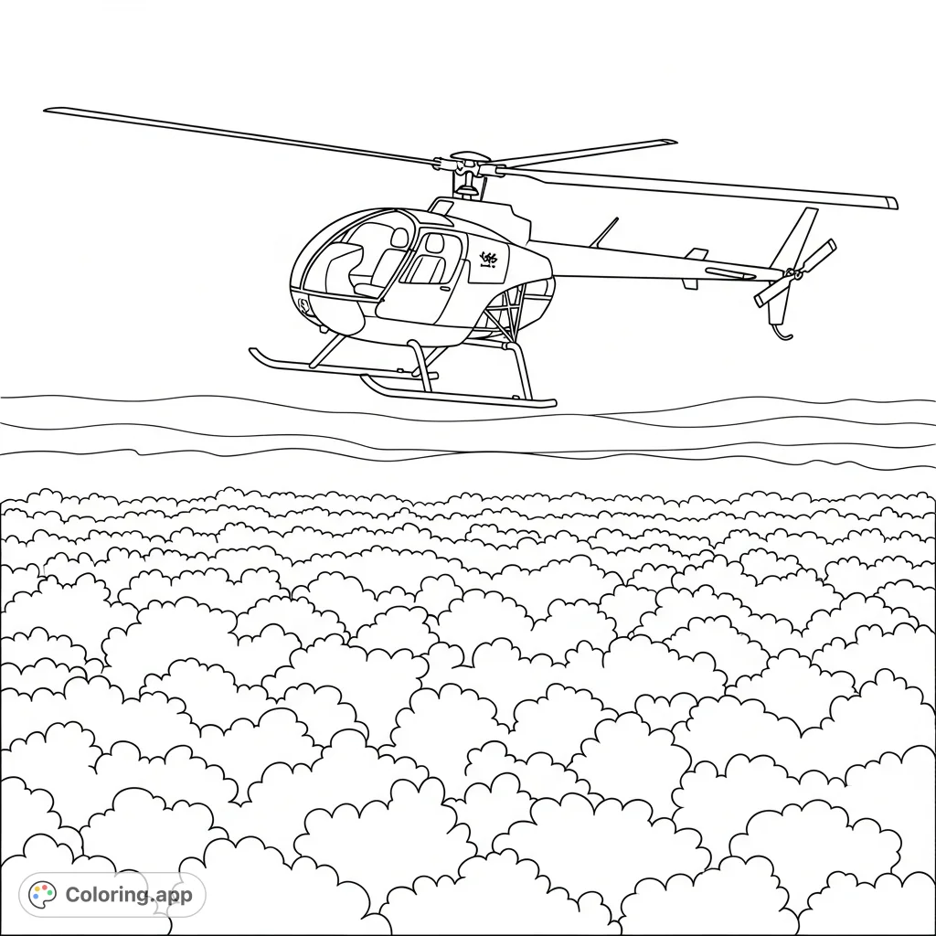 Color a small scout helicopter soaring above a sprawling, simplified forest, featuring clean lines and inviting shapes for a relaxing creative experience.