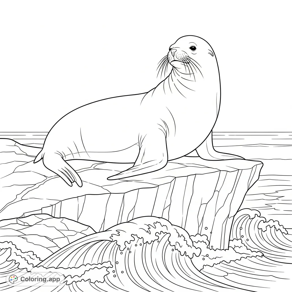 A calm sea lion rests on a textured rock ledge, observing crashing waves and the vast ocean horizon. A serene coastal scene for coloring.
