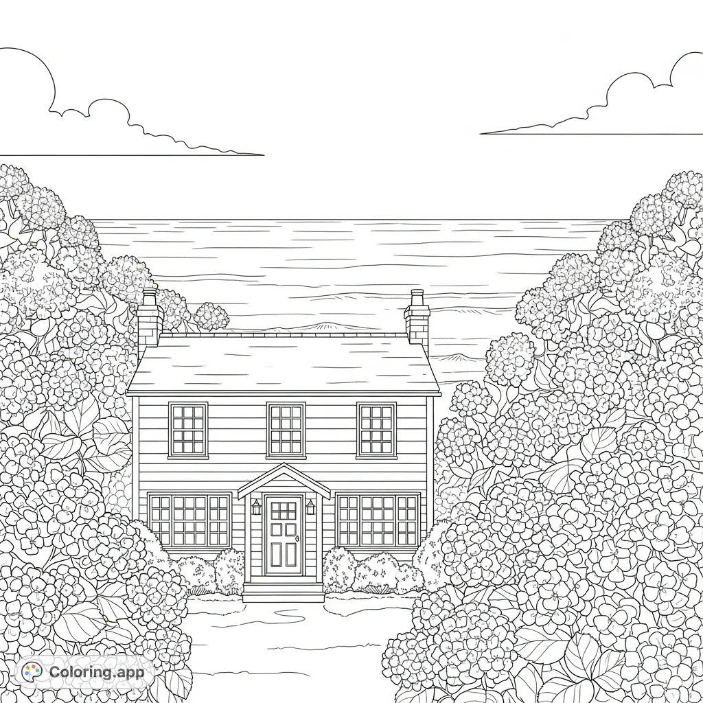 Discover a charming seaside cottage embraced by lush hydrangeas, with a serene ocean view and a clear sky, offering a delightful escape for your creativity.