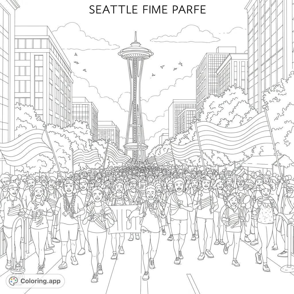 A vibrant Seattle parade scene with a diverse crowd, rainbow flags, and the iconic Space Needle, perfect for a free printable coloring page.