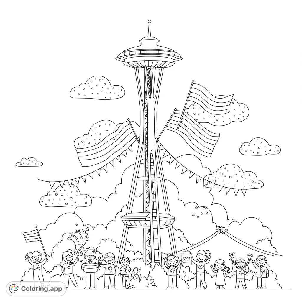 Celebrate community with this Seattle Space Needle coloring page featuring diverse kids, rainbow flags, and festive decorations. A free printable coloring page for all ages.