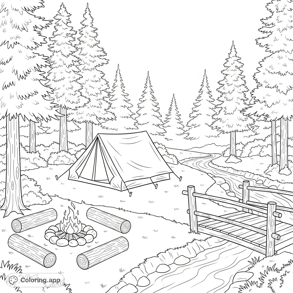 Escape to a tranquil secluded campsite. A dome tent, campfire, and rustic footbridge over a meandering stream, framed by towering pine trees.