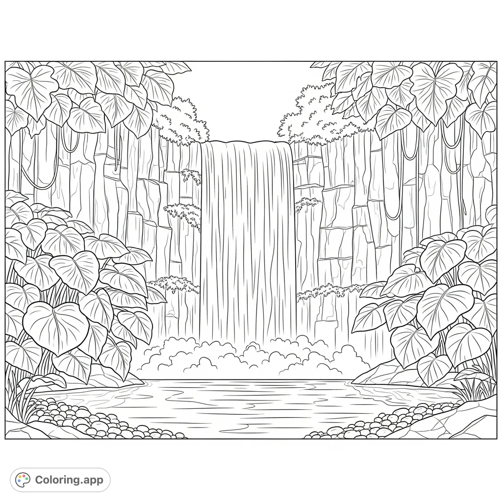 Discover a tranquil, secluded waterfall cascading between rugged rocky shelves, framed by giant leaf clusters and a serene pool below, offering a peaceful escape.