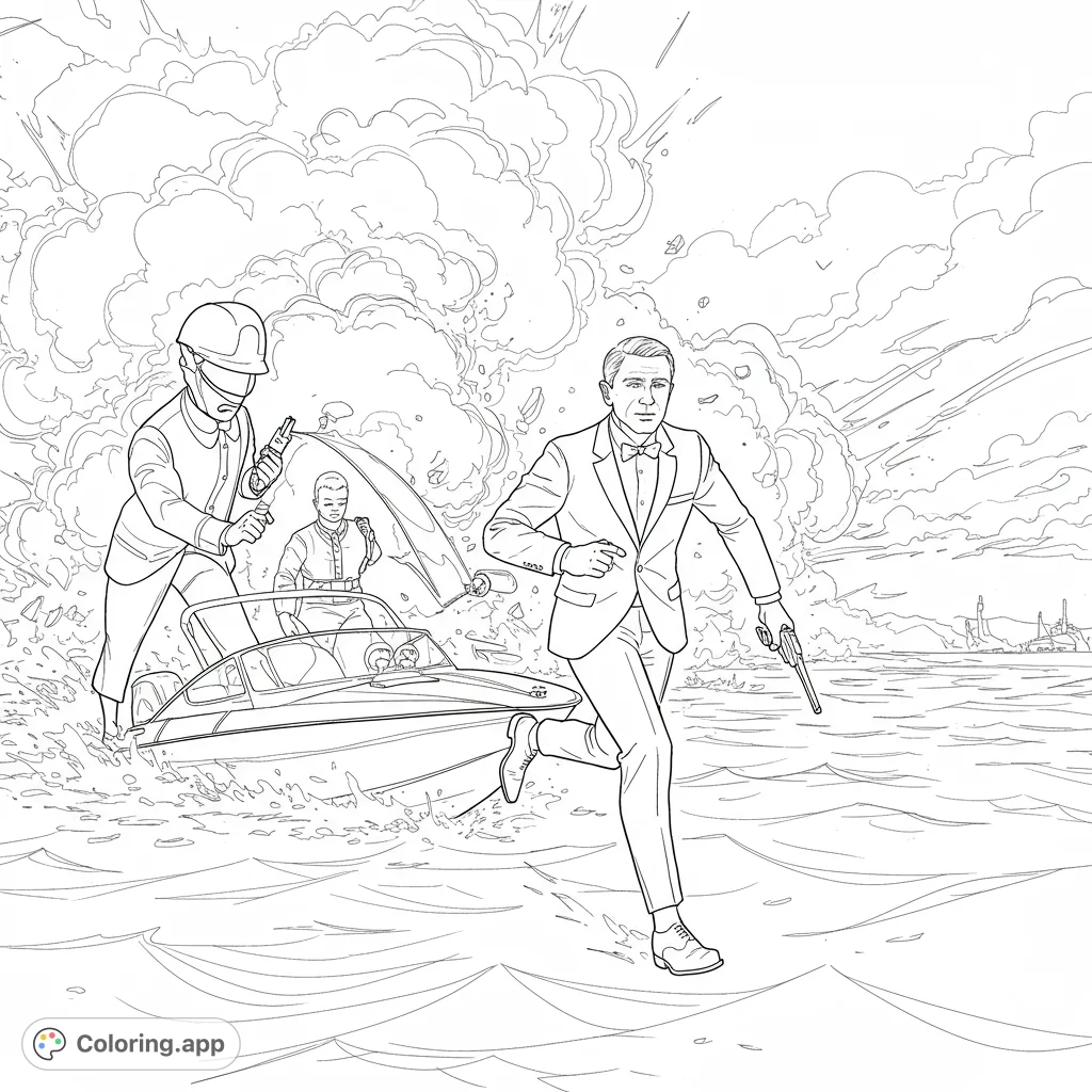 Dive into a thrilling spy action coloring page! A secret agent escapes an explosion on water, with a boat and figures amidst the chaos.