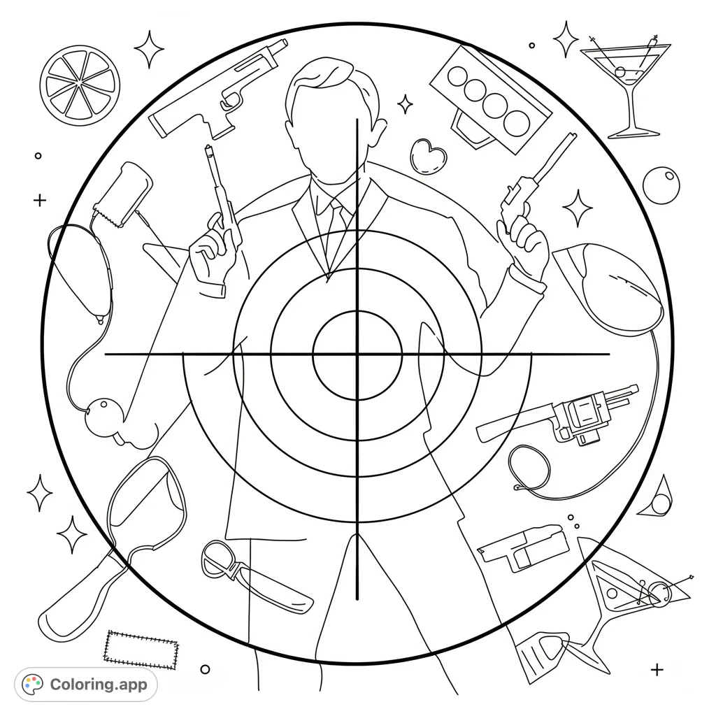 An action-packed secret agent coloring page featuring a dapper spy within a target scope, surrounded by iconic gadgets and weapons. A free printable coloring page for all ages.