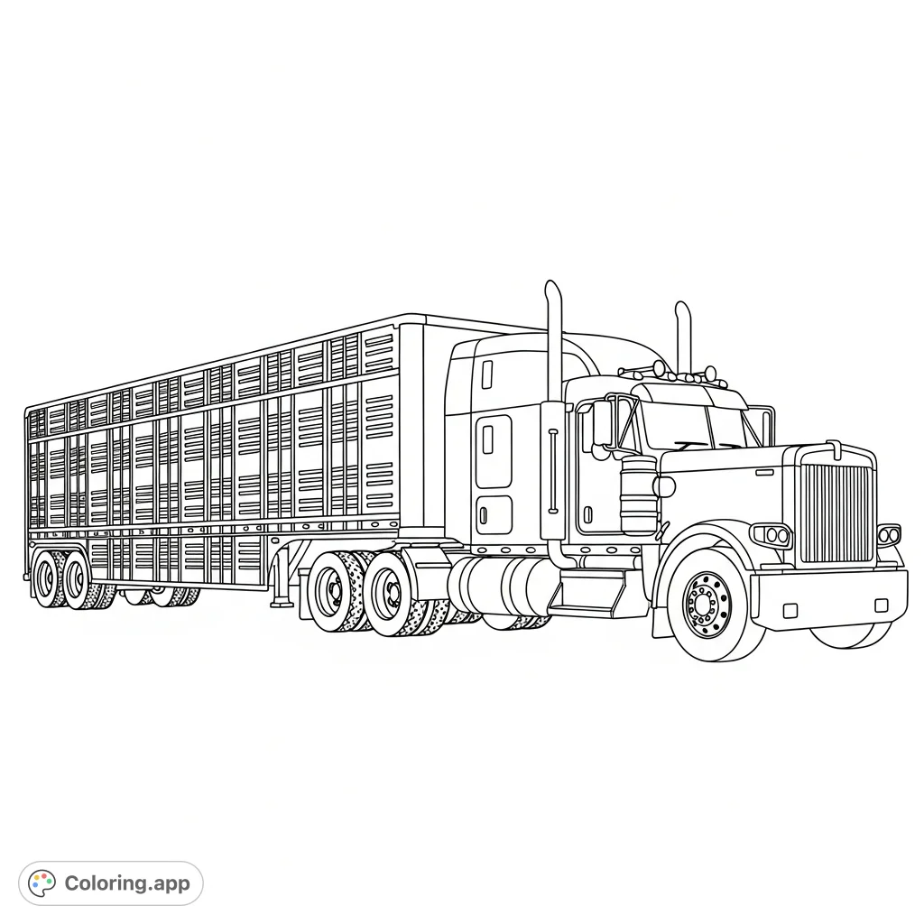 A detailed coloring page featuring a semi truck in profile, pulling a livestock-style trailer with simplified slotted vents, ready for a long journey.