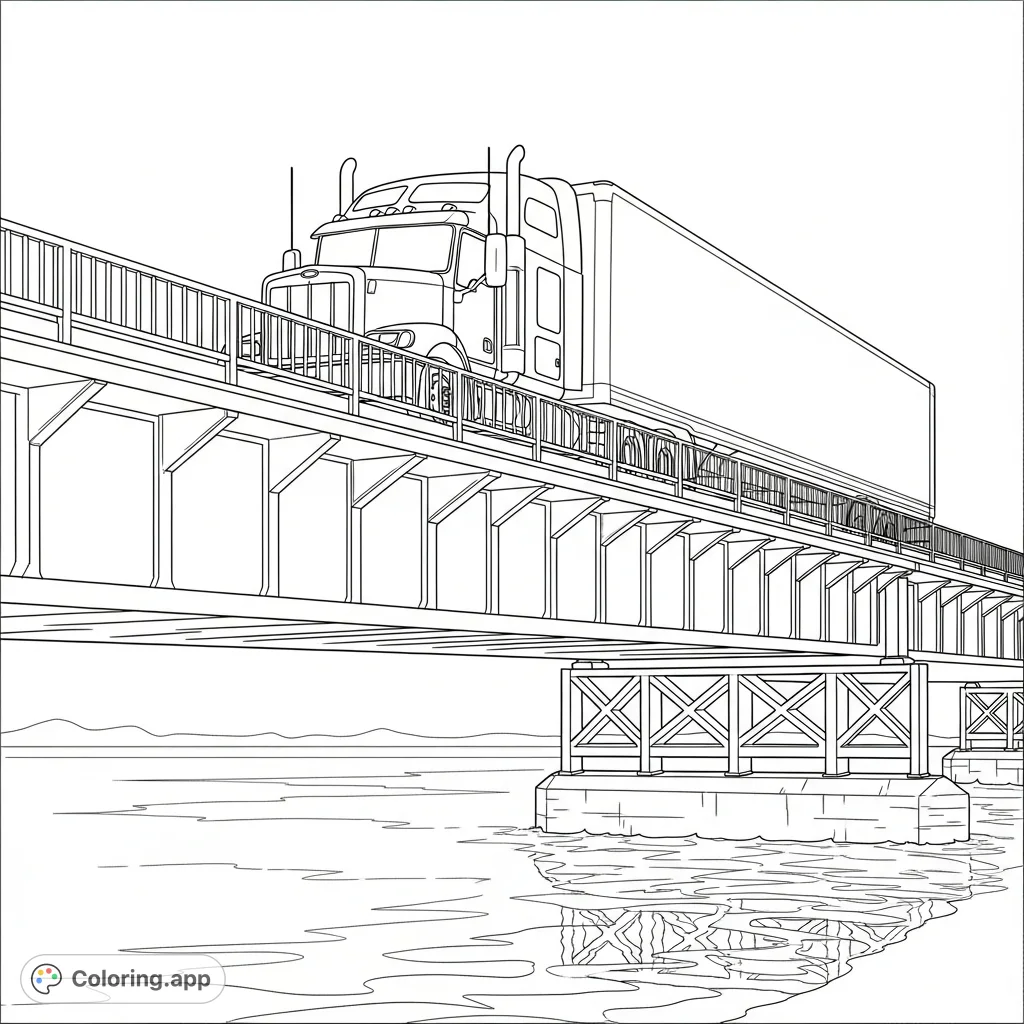 A detailed coloring page featuring a semi-truck crossing a sturdy bridge over calm water, perfect for all ages. Intricate bridge details await your creativity.
