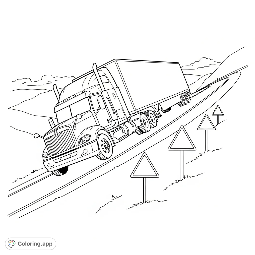 Color a detailed semi truck navigating a challenging steep grade, complete with prominent warning signs and a winding road through hilly terrain.