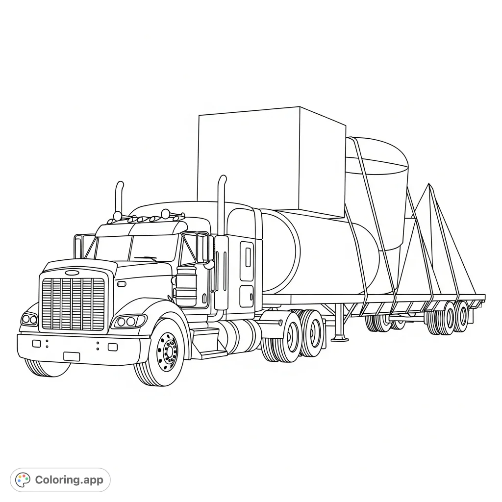 A robust semi truck transports an assortment of large geometric shapes on its flatbed. An engaging scene for vehicle enthusiasts and shape learners.
