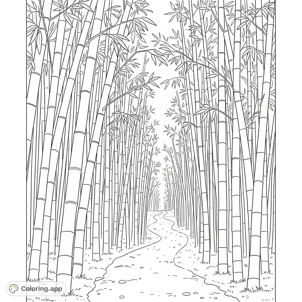 A tranquil bamboo forest path invites calm, with towering stalks and subtle ground details for a peaceful coloring experience. Discover zen.