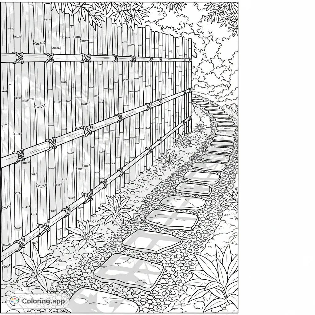 A tranquil garden pathway framed by a detailed bamboo fence, with gentle shadow patterns dappling the ground and foliage. Perfect for a peaceful coloring session.