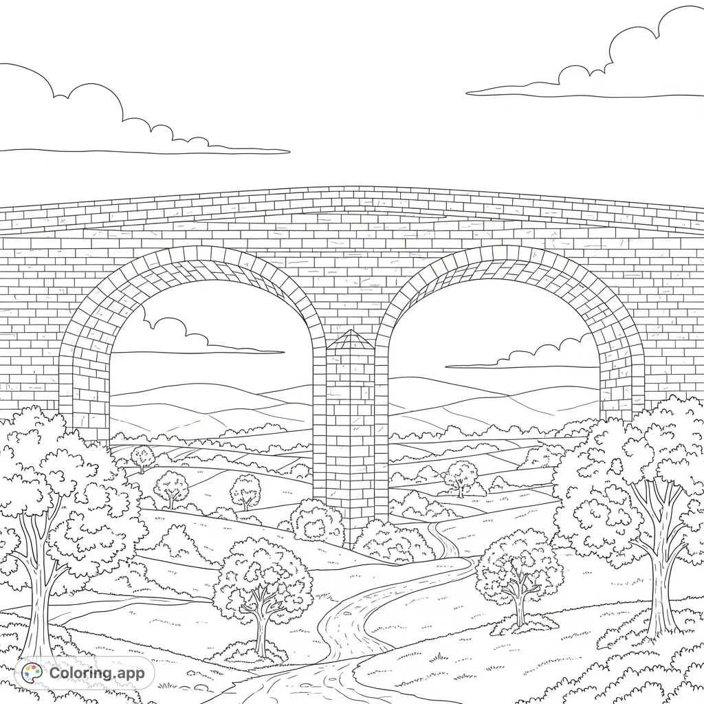 A peaceful coloring page featuring a detailed double-arched stone bridge overlooking a tranquil countryside valley with rolling hills, trees, and a winding path.