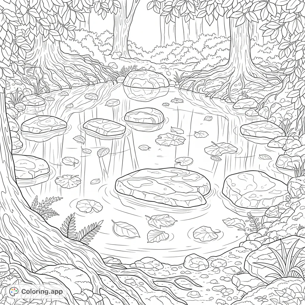 Discover tranquility with this detailed forest pool coloring page. Features rock outcrops, fallen leaves, and lush woodland surroundings.