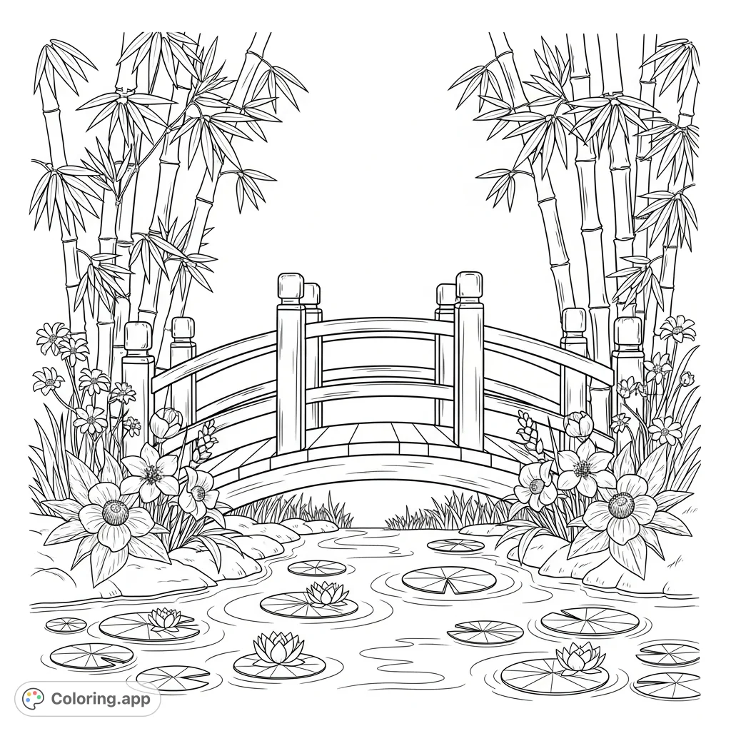 A tranquil garden bridge arches over calm water, framed by towering bamboo and delicate flowering plants. An inviting scene for mindful coloring.