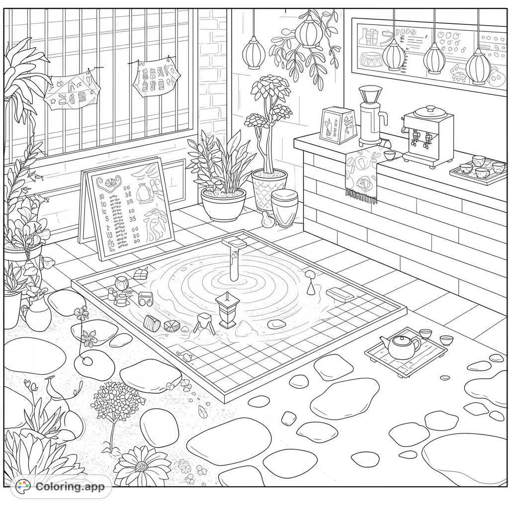 Explore a peaceful Japanese garden tea house with a zen rock garden, lush plants, and a cozy counter. A tranquil scene for mindful coloring.
