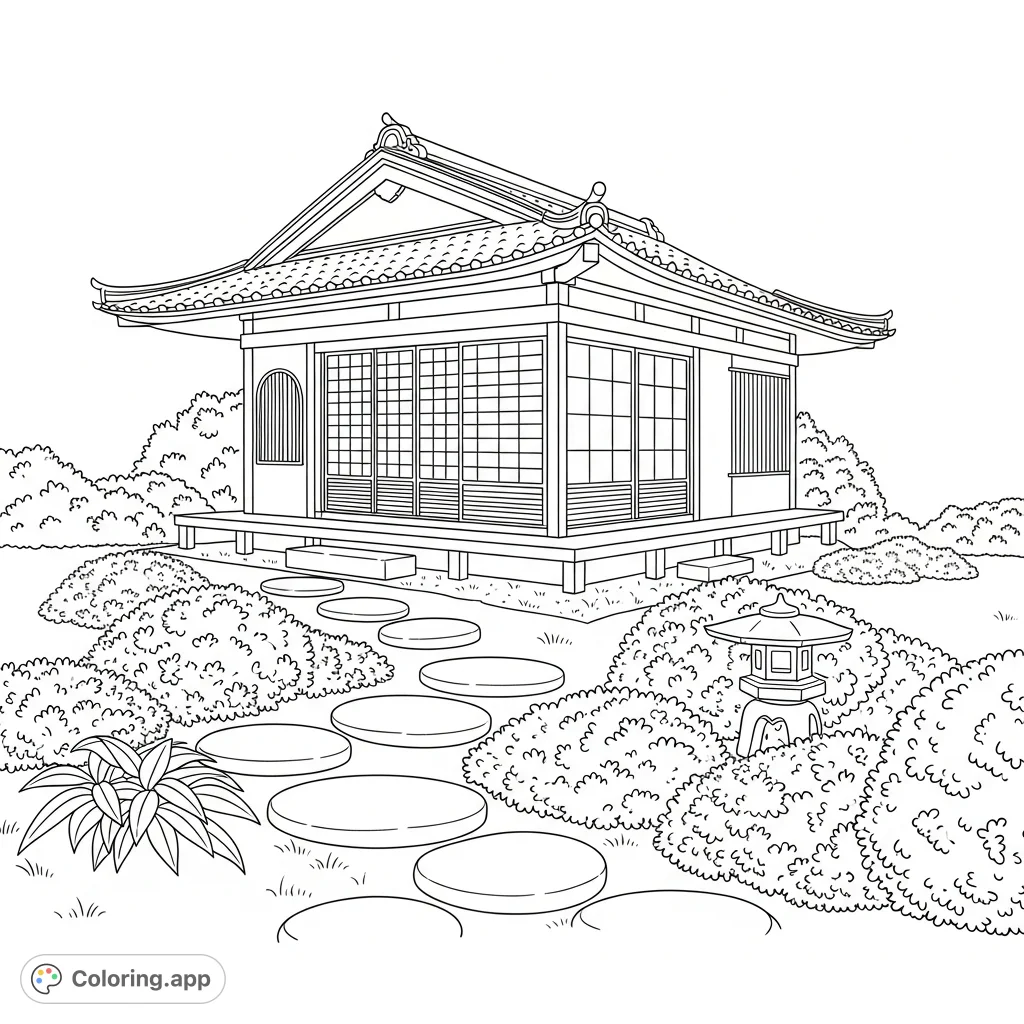 Discover tranquility with this detailed coloring page of a traditional Japanese tea house, complete with elegant sliding doors and a serene garden path.