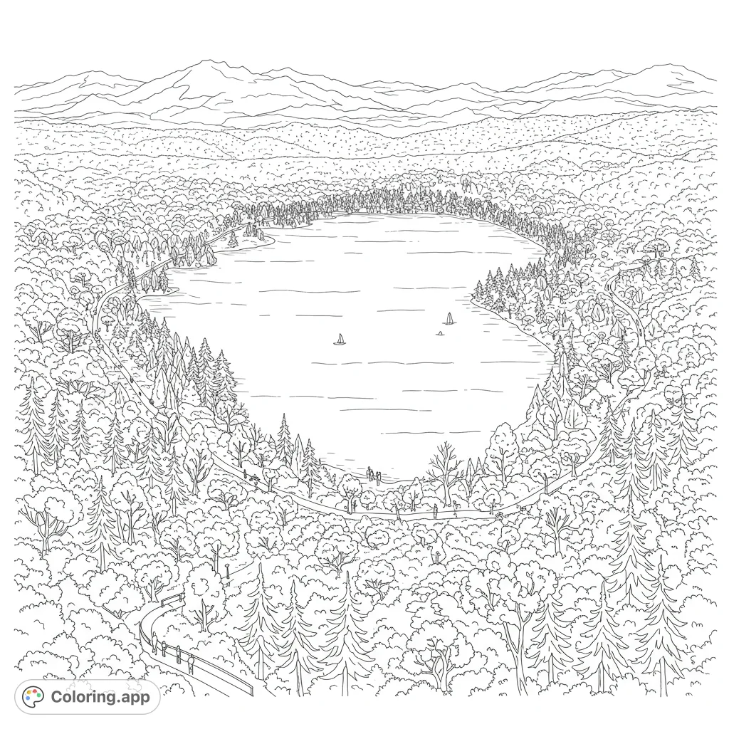 Explore a tranquil lake surrounded by a lush forest and distant mountains. A detailed nature landscape coloring page for all ages.