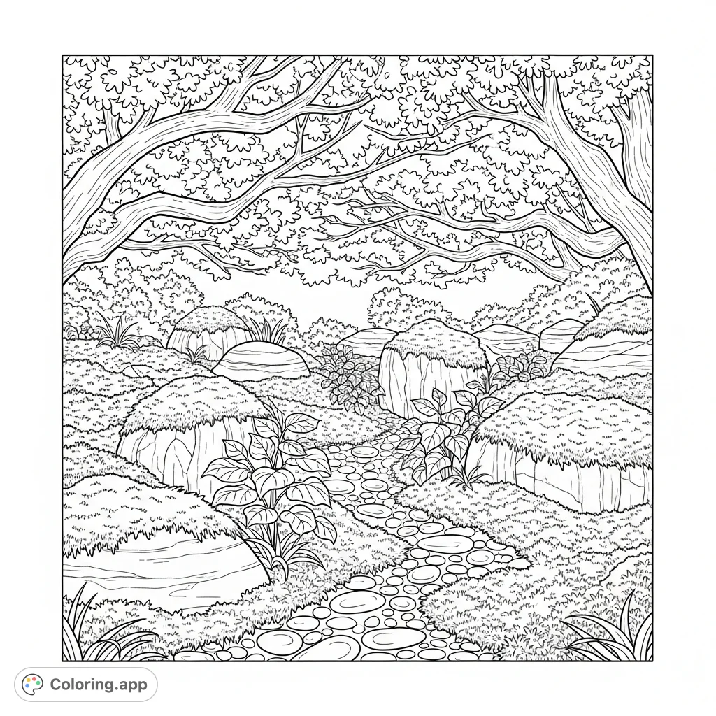 Explore a tranquil moss garden featuring smooth, rounded stones, lush low-lying plants, and a peaceful, shaded tree canopy. A calming natural scene awaits.