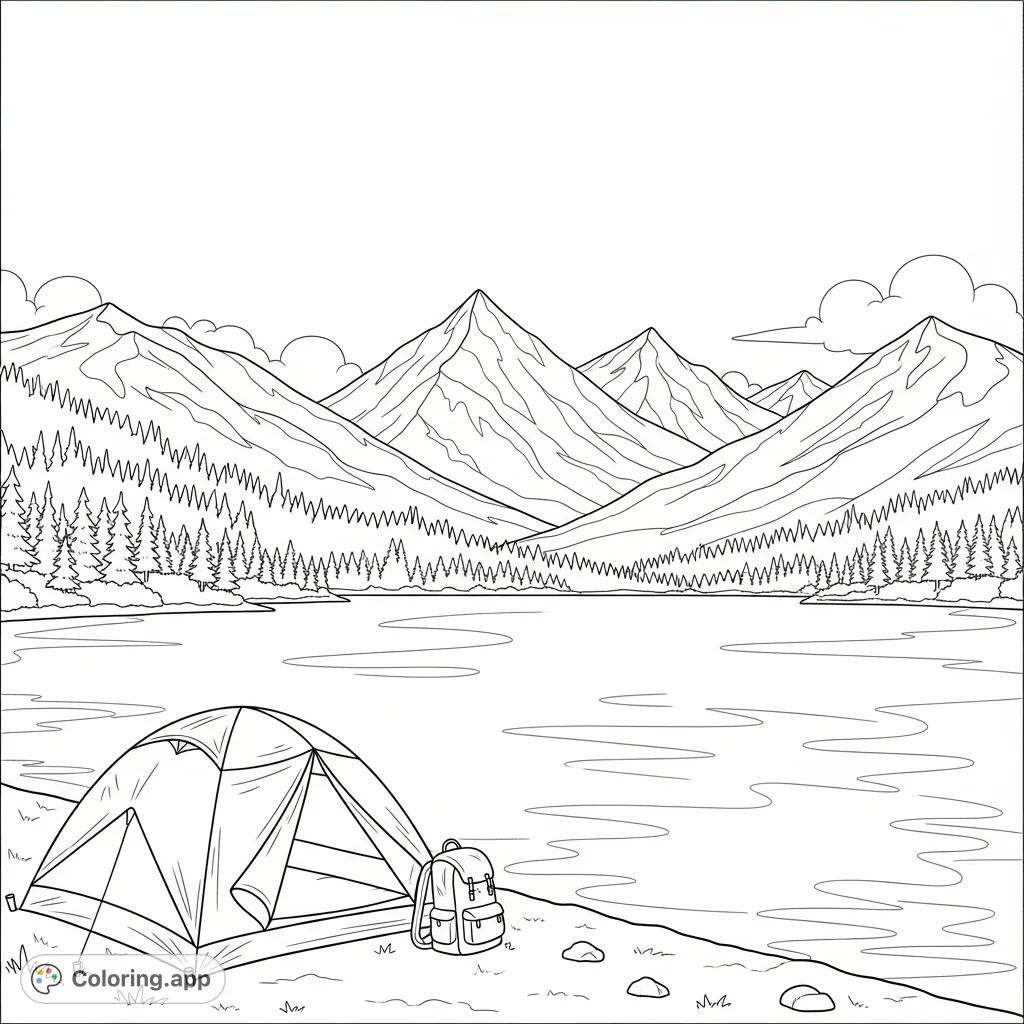 A tranquil mountain lake scene with a cozy tent on its shore, reflecting the majestic peaks and scattered evergreen trees under a clear sky.