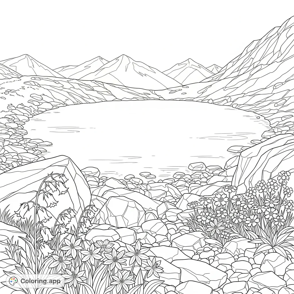 A breathtaking high mountain tarn surrounded by rugged rocks and vibrant wildflowers. A serene alpine landscape awaits your creative touch.