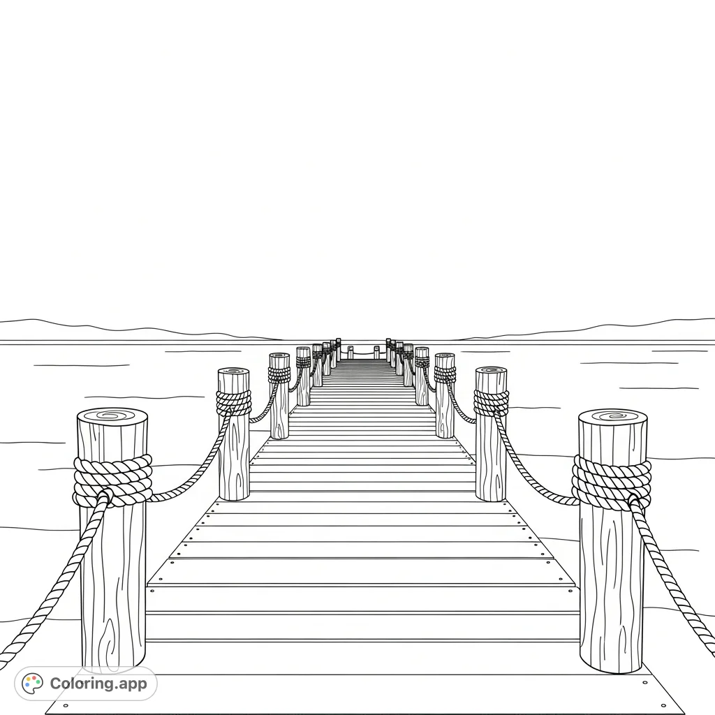 A tranquil pier stretches over calm waters with prominent posts and ropes, inviting serene coloring. Detailed yet relaxing, perfect for all skill levels.