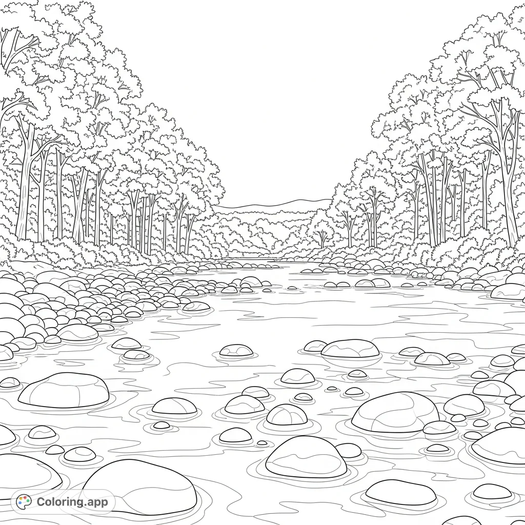 A tranquil river scene with smooth stones, trees lining the banks, and gentle reflections. A peaceful nature escape for all ages to color.