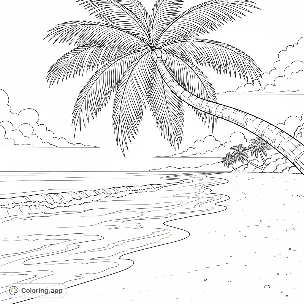 A tranquil tropical beach featuring soft waves, a gracefully leaning palm tree, and a vast, calm ocean under a clear sky, perfect for peaceful coloring.