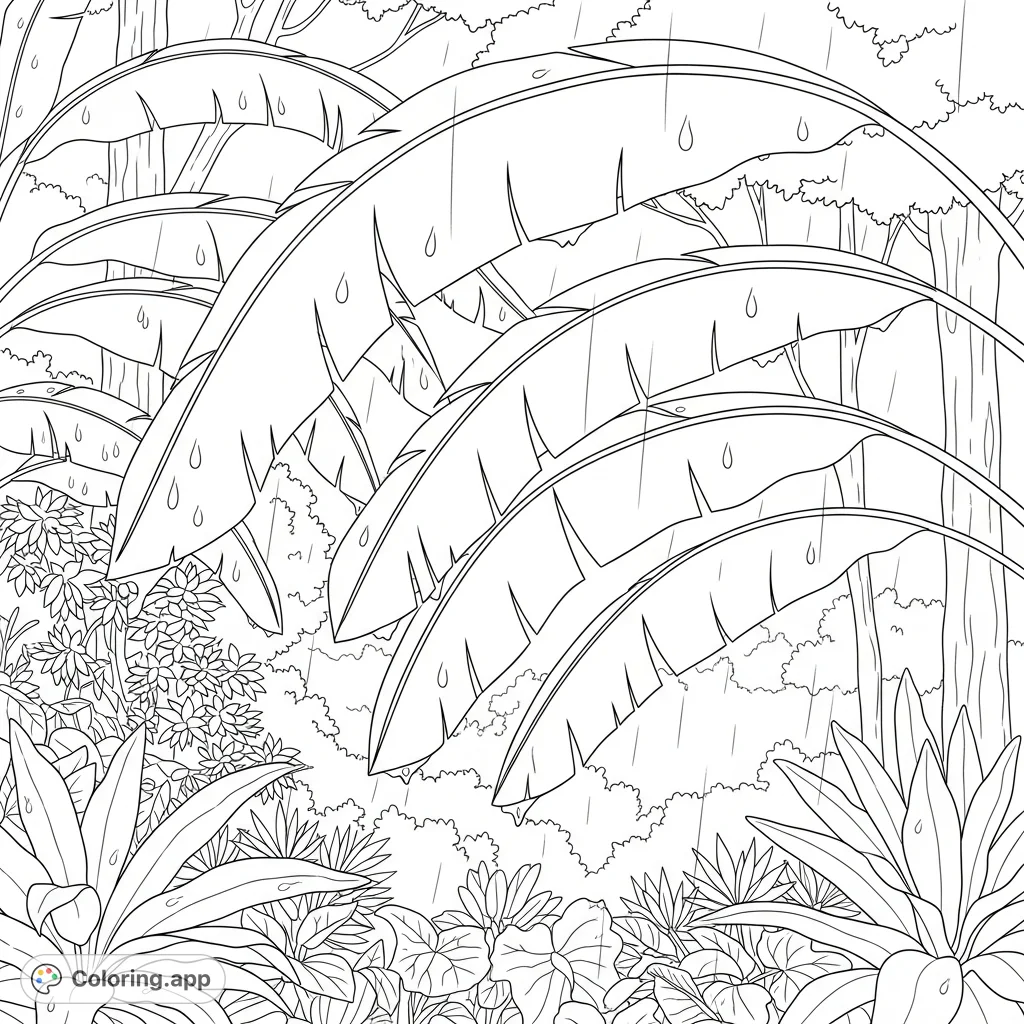 A tranquil tropical rain shower scene with gently bending palm leaves and minimal, glistening raindrops. Lush foliage forms a dense background, inviting peaceful coloring.