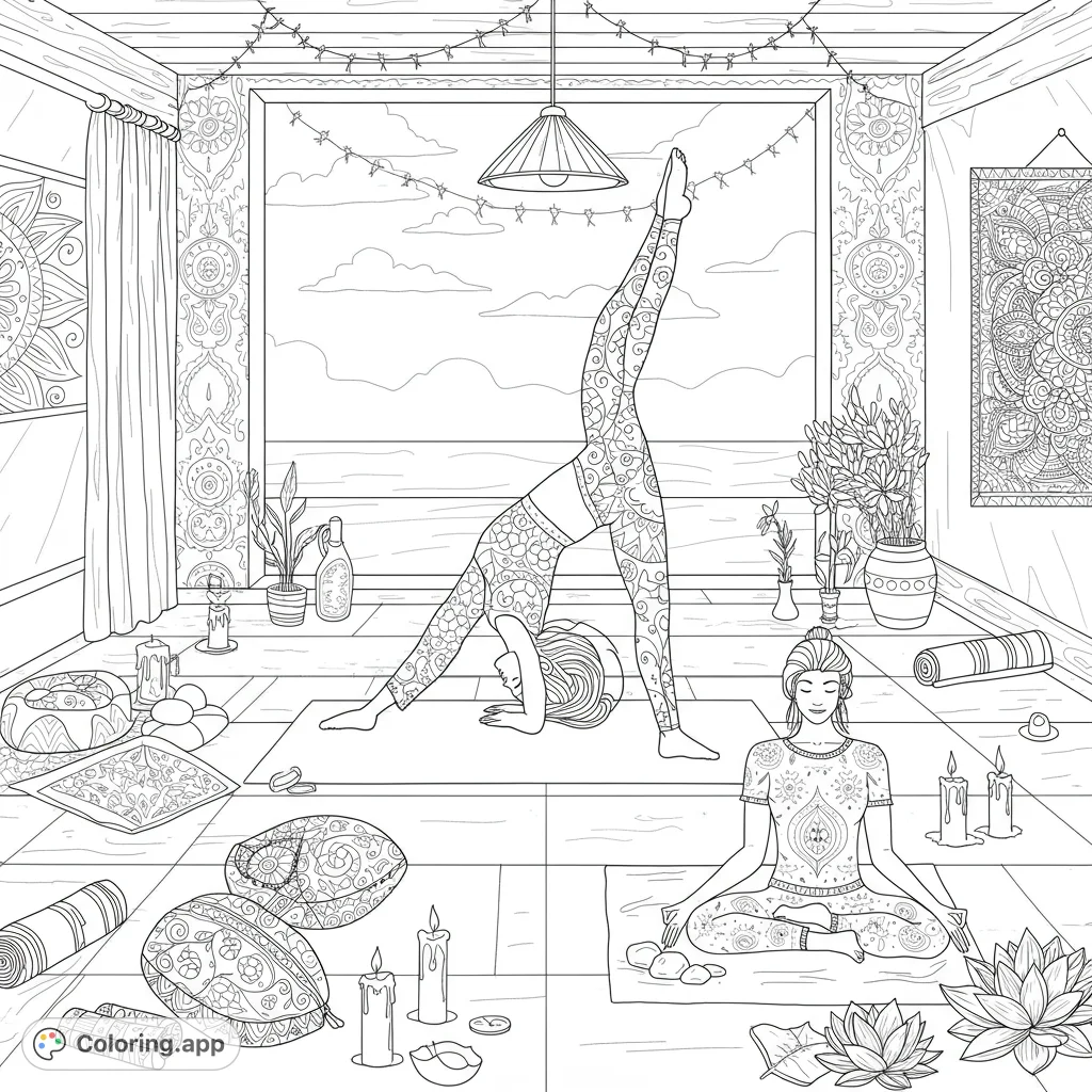 A detailed yoga and meditation sanctuary featuring two women in poses, surrounded by intricate mandala patterns, plants, and candles. Perfect for mindful coloring.
