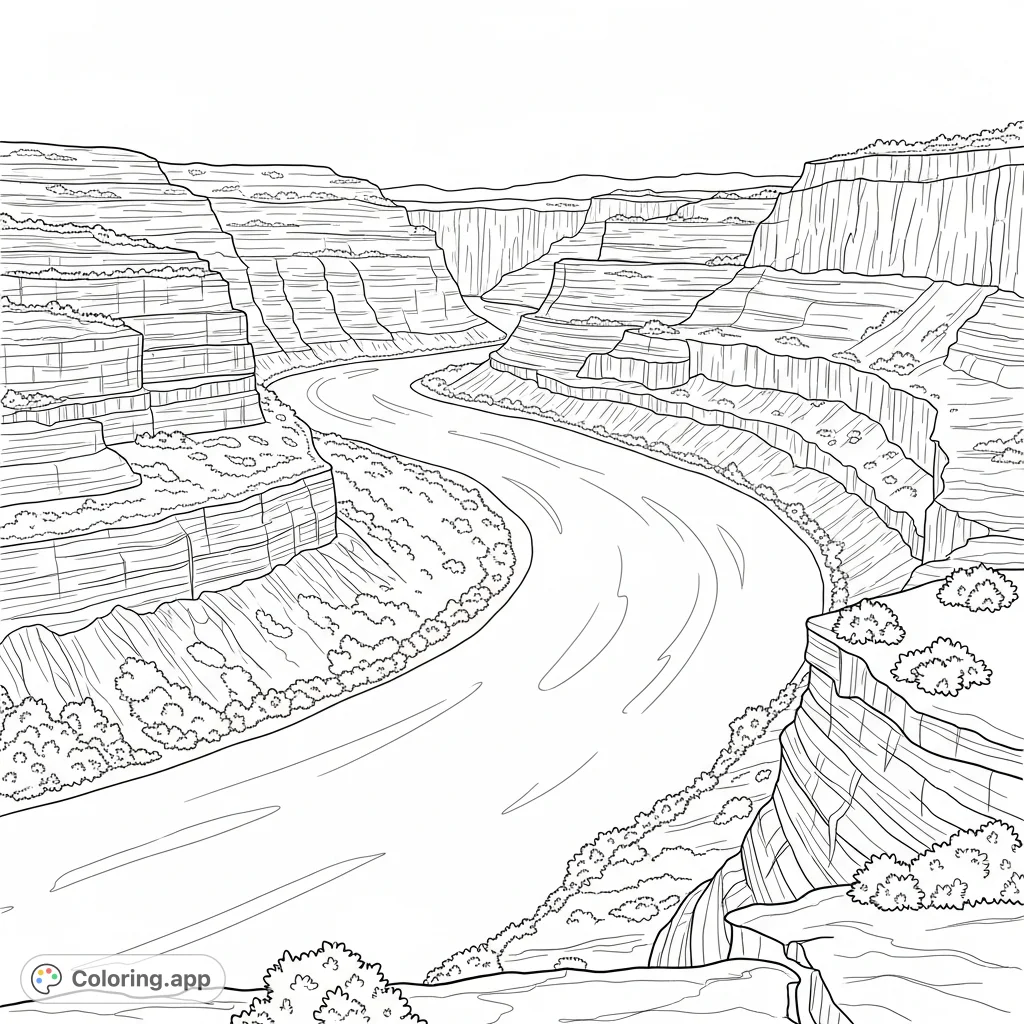Explore a detailed coloring page featuring a wide river winding through a deep, stratified canyon with steep walls and sparse vegetation.
