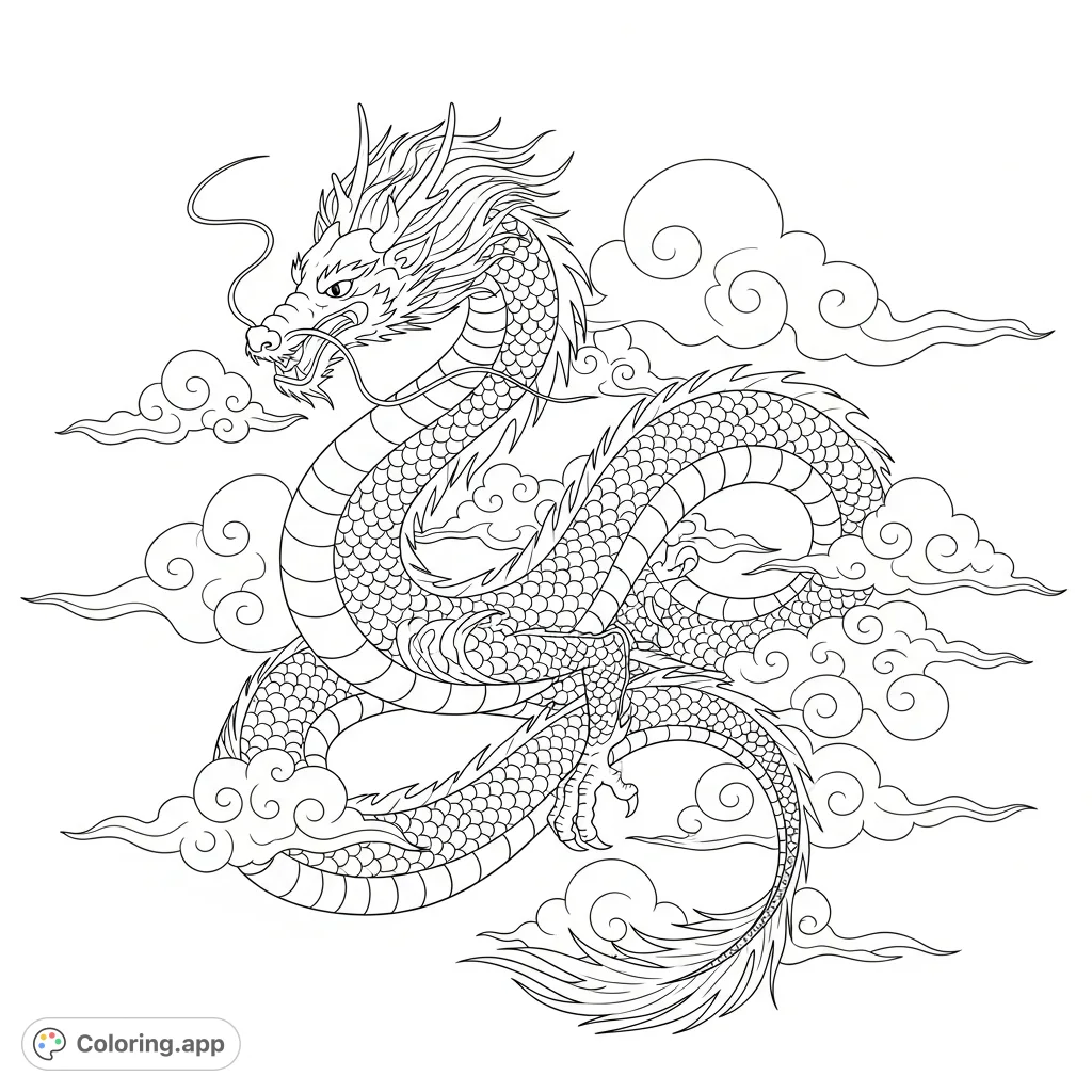 A majestic serpentine dragon coils gracefully through stylized clouds, its long body forming intricate loops and curves in a dynamic fantasy scene.