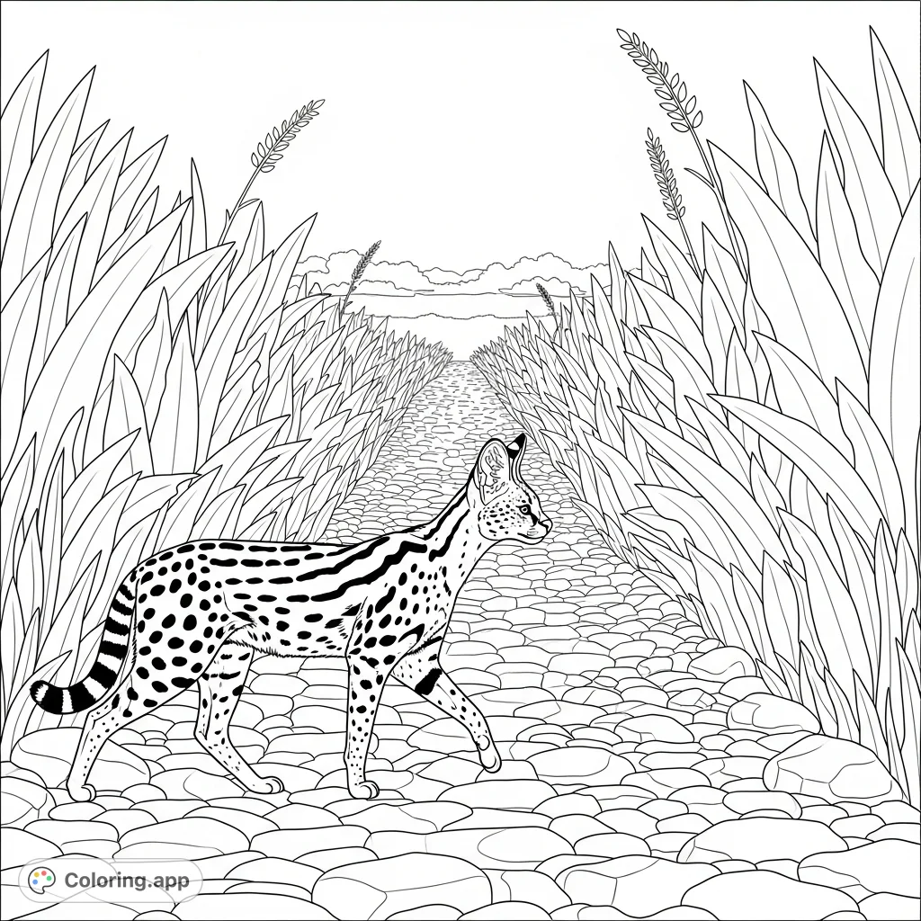 A majestic serval walks along a winding rocky path, surrounded by tall, simplified plants. A detailed scene capturing wild elegance and natural habitat.