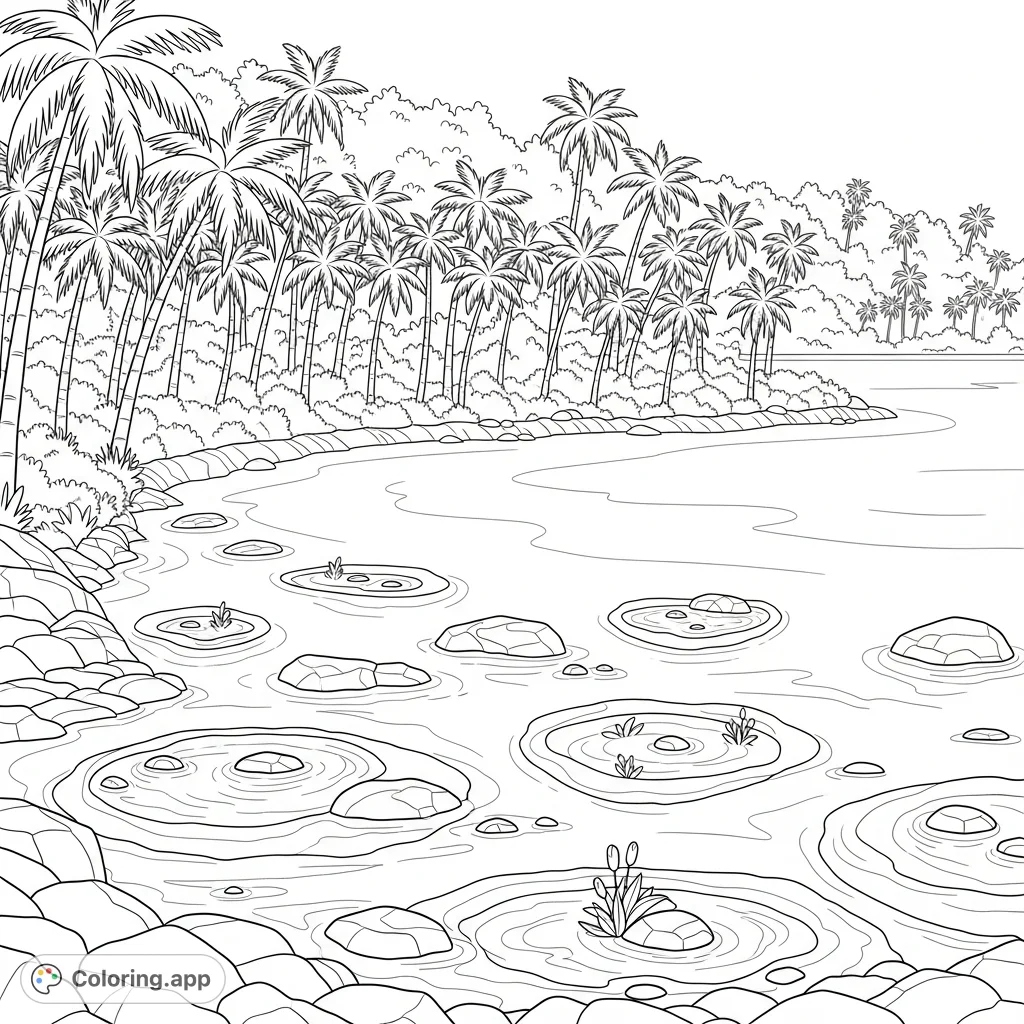 Escape to a tranquil, palm-fringed inlet featuring serene tide pools and smooth, simplified rocks. A peaceful coastal scene awaits your creative touch.