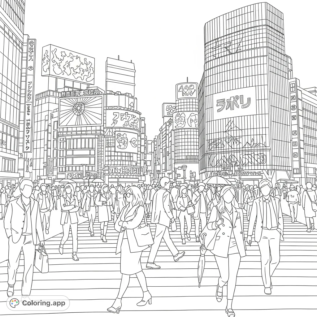 Immerse yourself in the vibrant energy of Shibuya Crossing, featuring diverse Japanese fashion, towering buildings, and dynamic neon signs.