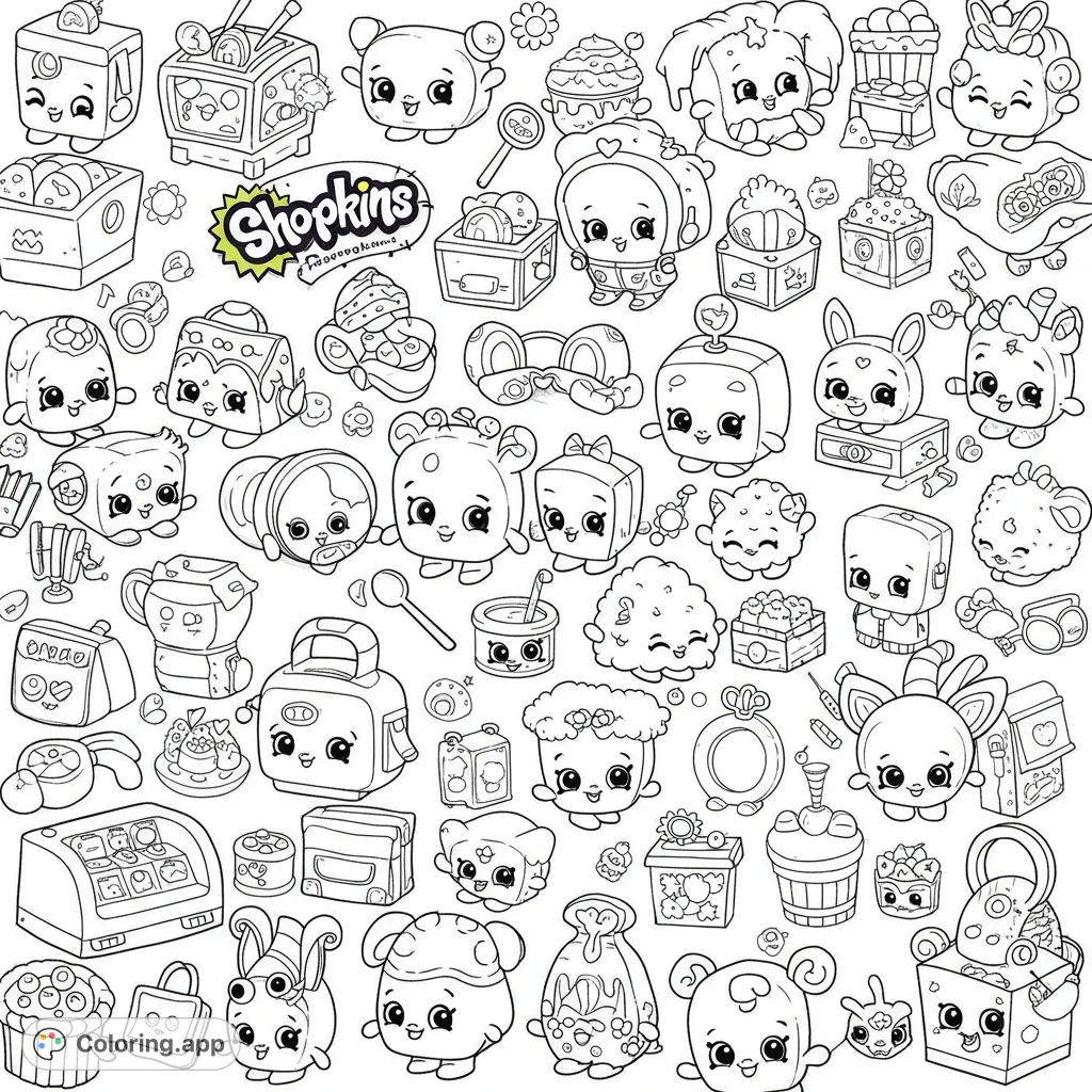 An adorable Shopkins coloring page featuring a delightful collection of cute, anthropomorphic characters, perfect for fans of all ages.