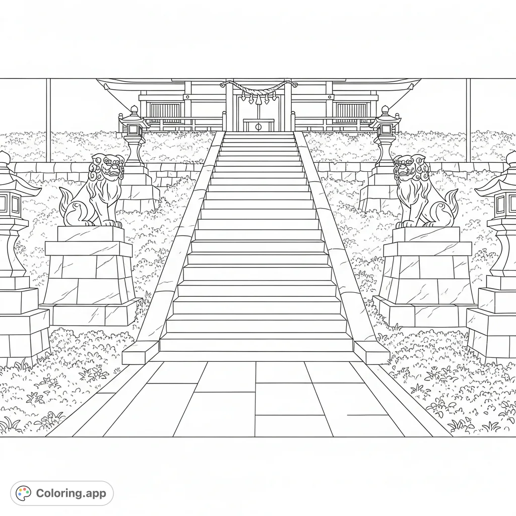 Explore a peaceful shrine courtyard featuring ancient stone steps and simplified guardian statues, inviting quiet contemplation and creative coloring.