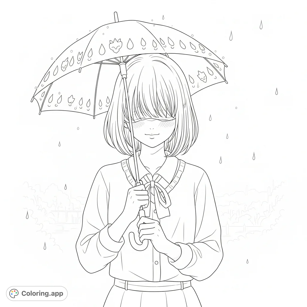 A cute anime girl, slightly shy, holds a small, detailed umbrella on a gently raining day. Minimal raindrops fall, creating a serene and introspective scene.