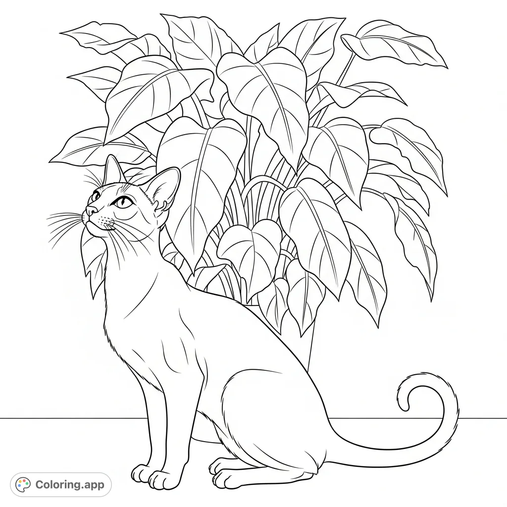 An elegant Siamese cat looks up with characteristic almond-shaped eyes, a lush indoor plant behind it. Perfect for cat lovers.