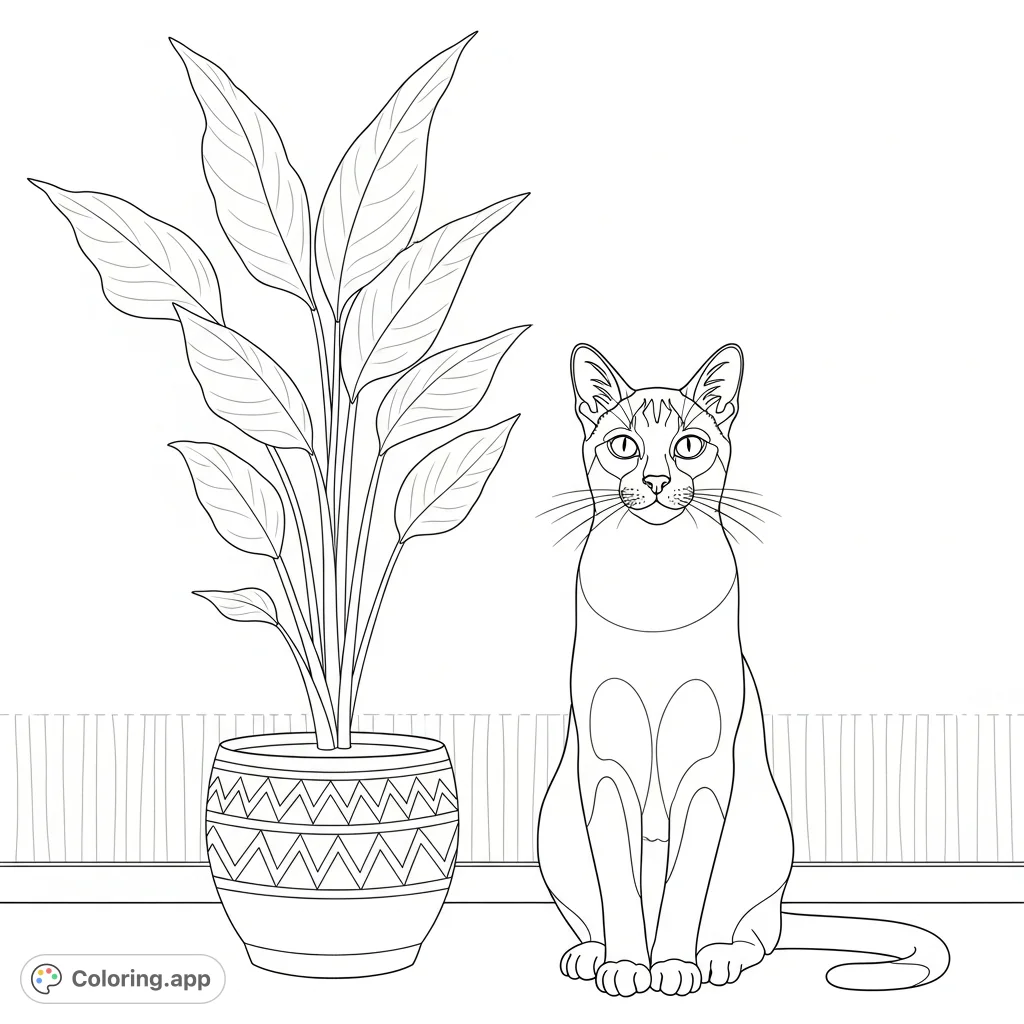 A charming coloring page featuring an elegant Siamese cat sitting calmly next to a potted plant with gracefully simplified long leaves, perfect for relaxing creativity.