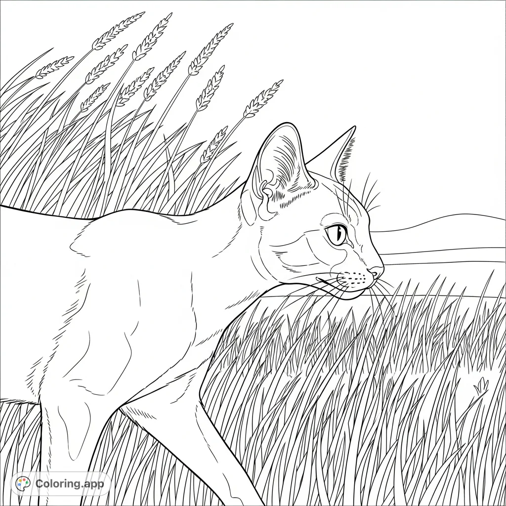 A graceful Siamese cat strides through a field of tall grass, its prominent ears and almond-shaped eyes capturing a moment of focused elegance.