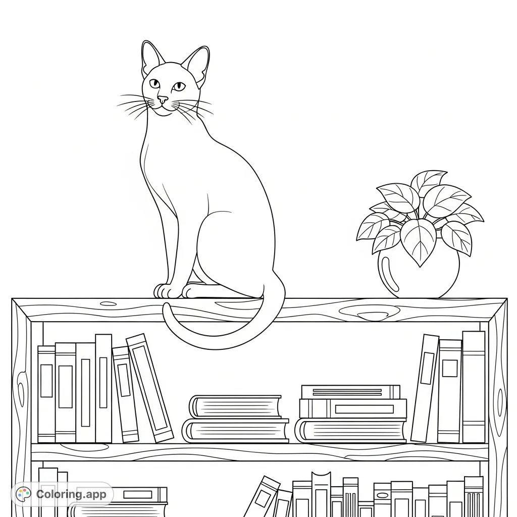 A charming coloring page featuring a graceful Siamese cat perched on a cozy wooden bookshelf filled with simplified books and a small potted plant.