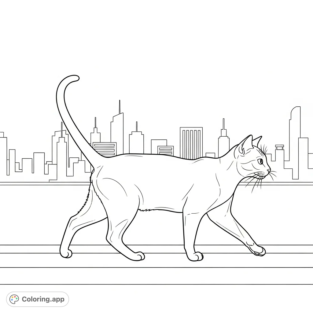 A graceful Siamese cat walks a windowsill, with a minimalist city skyline in the background, offering a serene scene for detailed coloring.