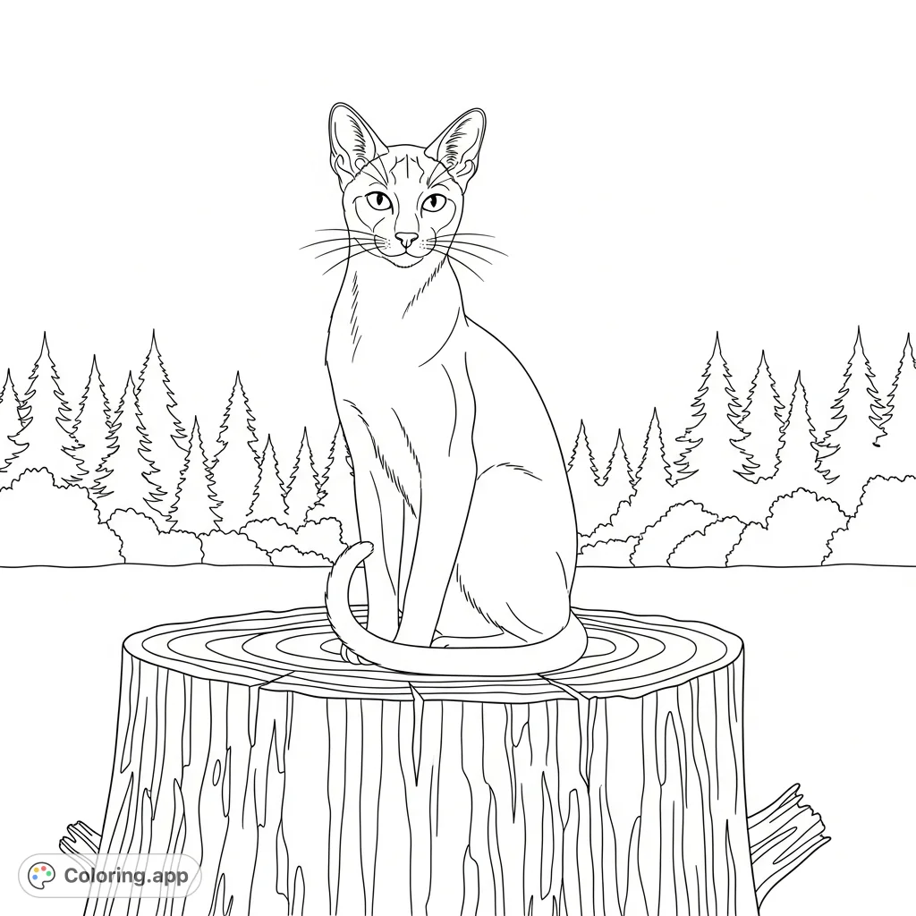 A graceful Siamese cat perched on a textured tree stump, set against a serene backdrop of forest silhouettes. Perfect for nature and animal lovers!