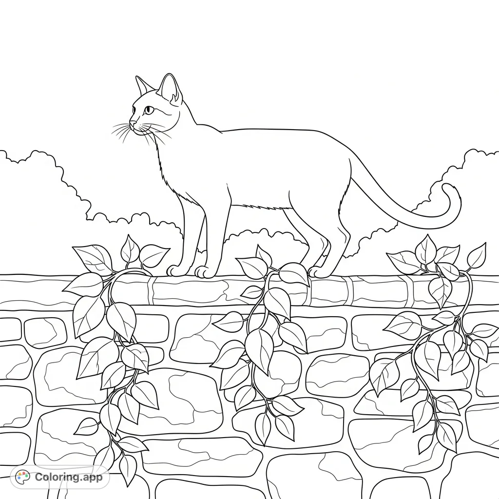 A graceful Siamese cat poised on a textured stone wall, surrounded by simplified trailing vines. A serene scene for detailed coloring enjoyment.