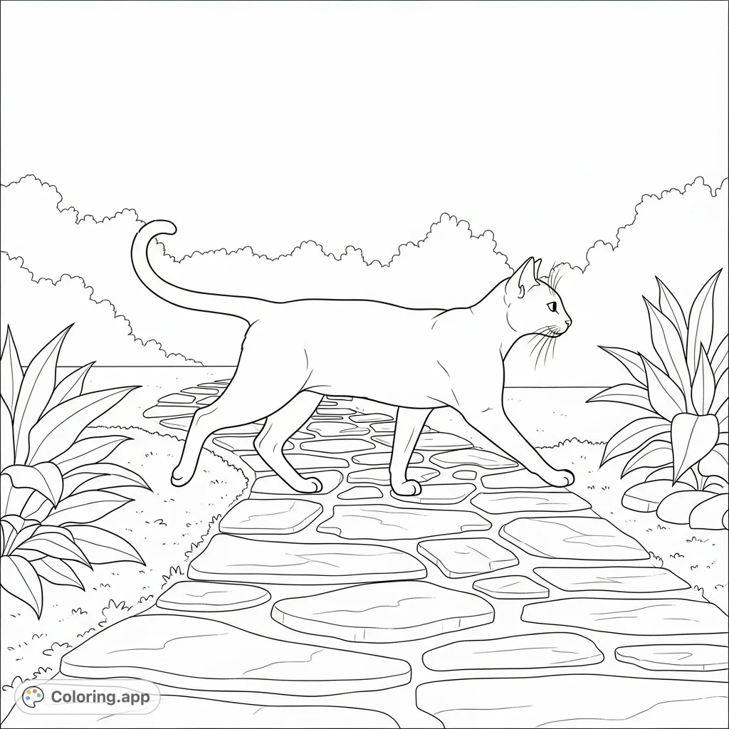 An elegant Siamese cat gracefully walks a textured stone path, flanked by subtle garden foliage. A peaceful scene for mindful coloring.