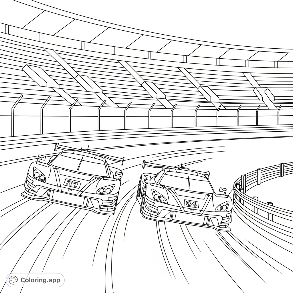 Two powerful race cars thunder side-by-side on a high-banked oval track, with simplified stadium seating in the background, ready for an exciting finish.