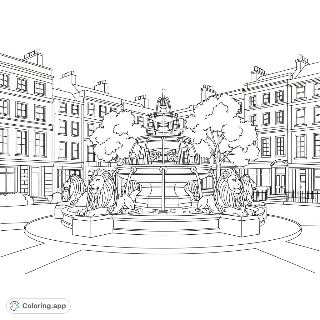 Color a charming London-inspired square with a tiered fountain, simplified lion sculptures, classic architecture, and trees, perfect for all ages.